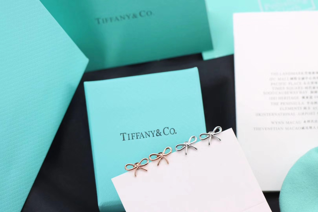 Tiffany & Co. Tiff 蒂*尼 银色、玫瑰金蝴蝶结耳钉