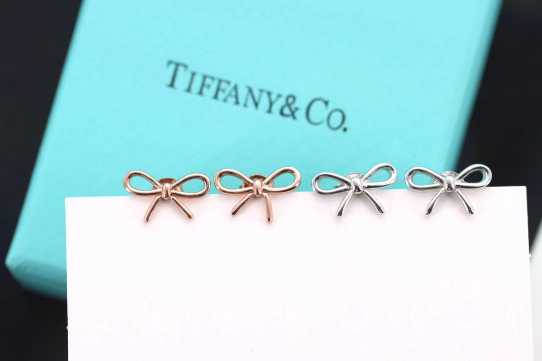 Tiffany & Co. Tiff 蒂*尼 银色、玫瑰金蝴蝶结耳钉