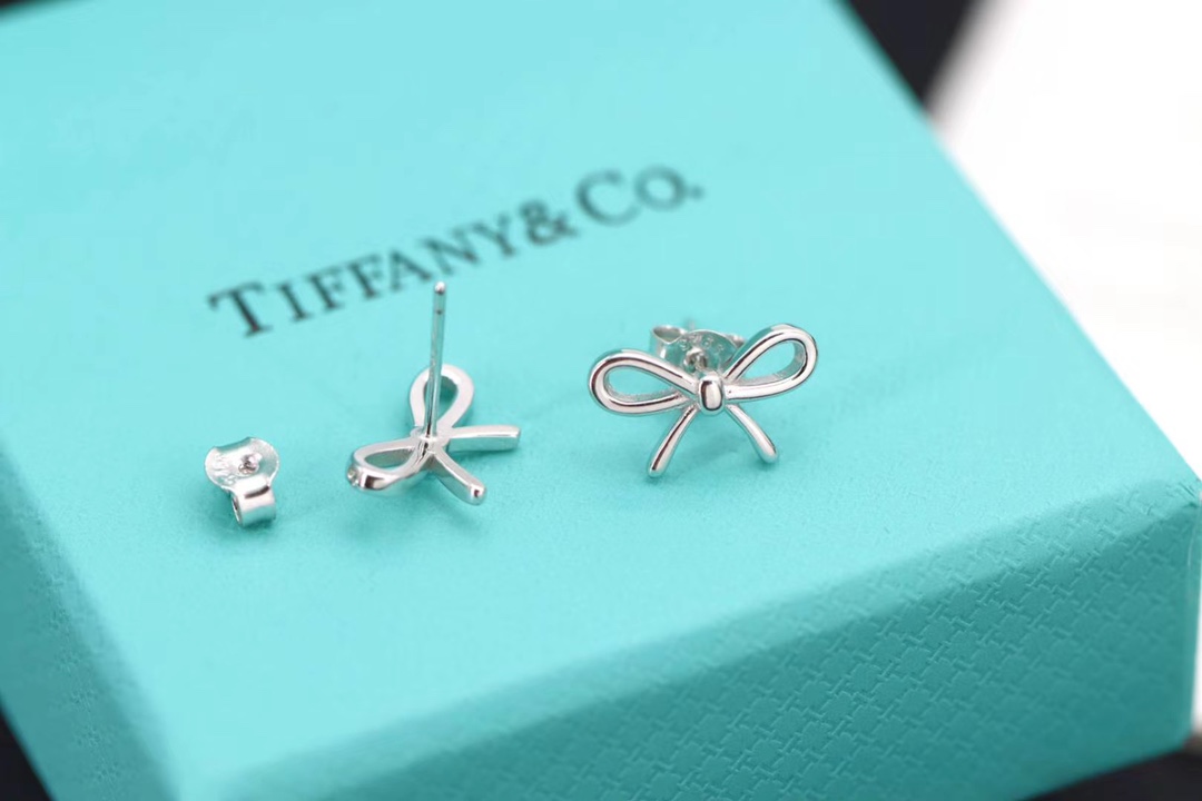 Tiffany & Co. Tiff 蒂*尼 银色、玫瑰金蝴蝶结耳钉
