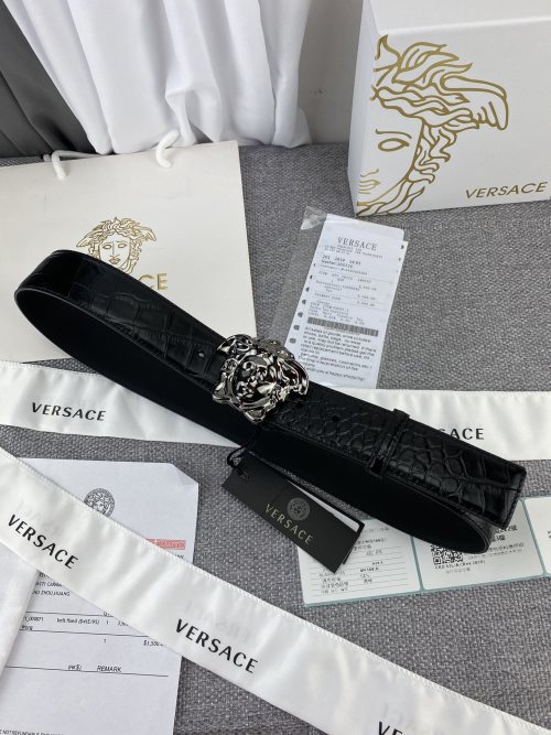 Versace Crocodile Embossed Leather Belt with Medusa Buckle, 3.8cm Width 1 Versace Crocodile Embossed Leather Belt with Medusa Buckle, 3.8cm Width