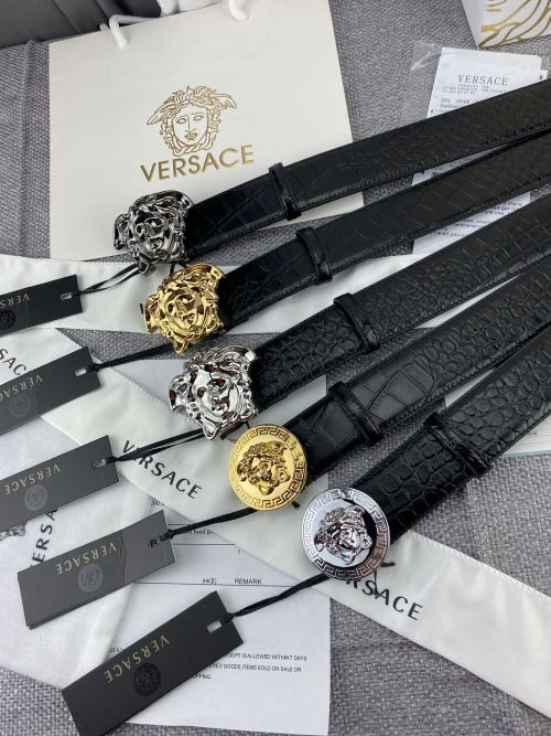 Versace Leather Crocodile Embossed Belt with Medusa Buckle, 3.8cm Width 1 Versace Leather Crocodile Embossed Belt with Medusa Buckle, 3.8cm Width