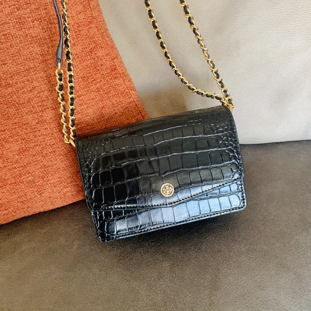 黑色现货】TORY BURCH ROBINSON EMBOSSED MINI SHOULDER BAG迷你风琴包，经典简约的造型百搭随心，鳄鱼纹牛皮，尺寸×13×7cm--  包哥哥- VIP奢站