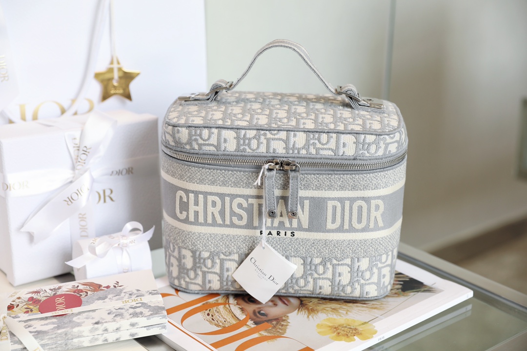 Dior Cosmetic Bags Grey Light Gray Printing Canvas Oblique Casual