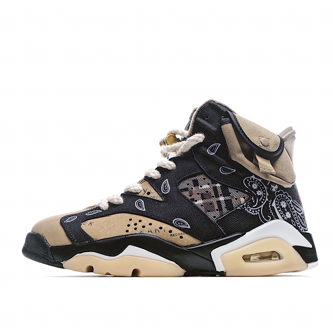 G0 原 K0 版本采用丝光猪巴革鞋面材质3D印花牛仔布料斯科特Travis Scott x Air Jordan 6 TS联名腰果花黑白 AJ6乔丹6代 经典高帮文化百搭休闲运动篮球鞋。这双鞋以 Air Jordan 6 为蓝本，选以 Travis Scott 联名相同质感的材料以及配色风格呈现。腰果花纹饰遍布全身，棕色基底的鞋面，结合格纹、枯木纹蔓延至鞋帮，整体设计可谓非常抢眼。官方