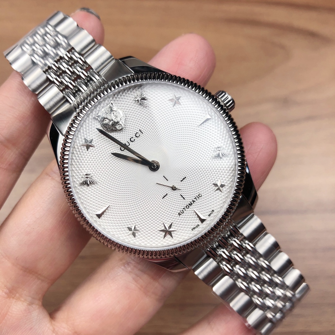 Gucci nuevo modelo, reloj mecánico automático unisex, 40 mm de diámetro, acero inoxidable, bisel moleteado, s…