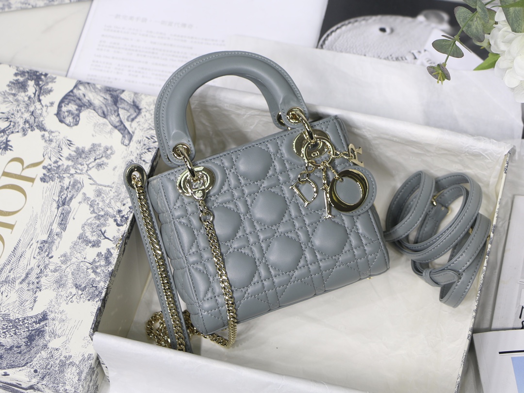 Lady Dior Bag Rock Grey Lambskin Three Compartments Double Straps Chain