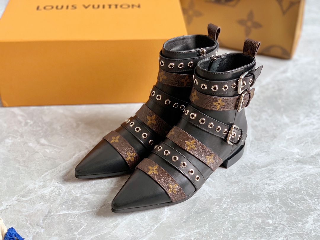 Louis Vuitton Flawless
 Short Boots High Quality Customize
 Black Silver Monogram Canvas Calfskin Cowhide