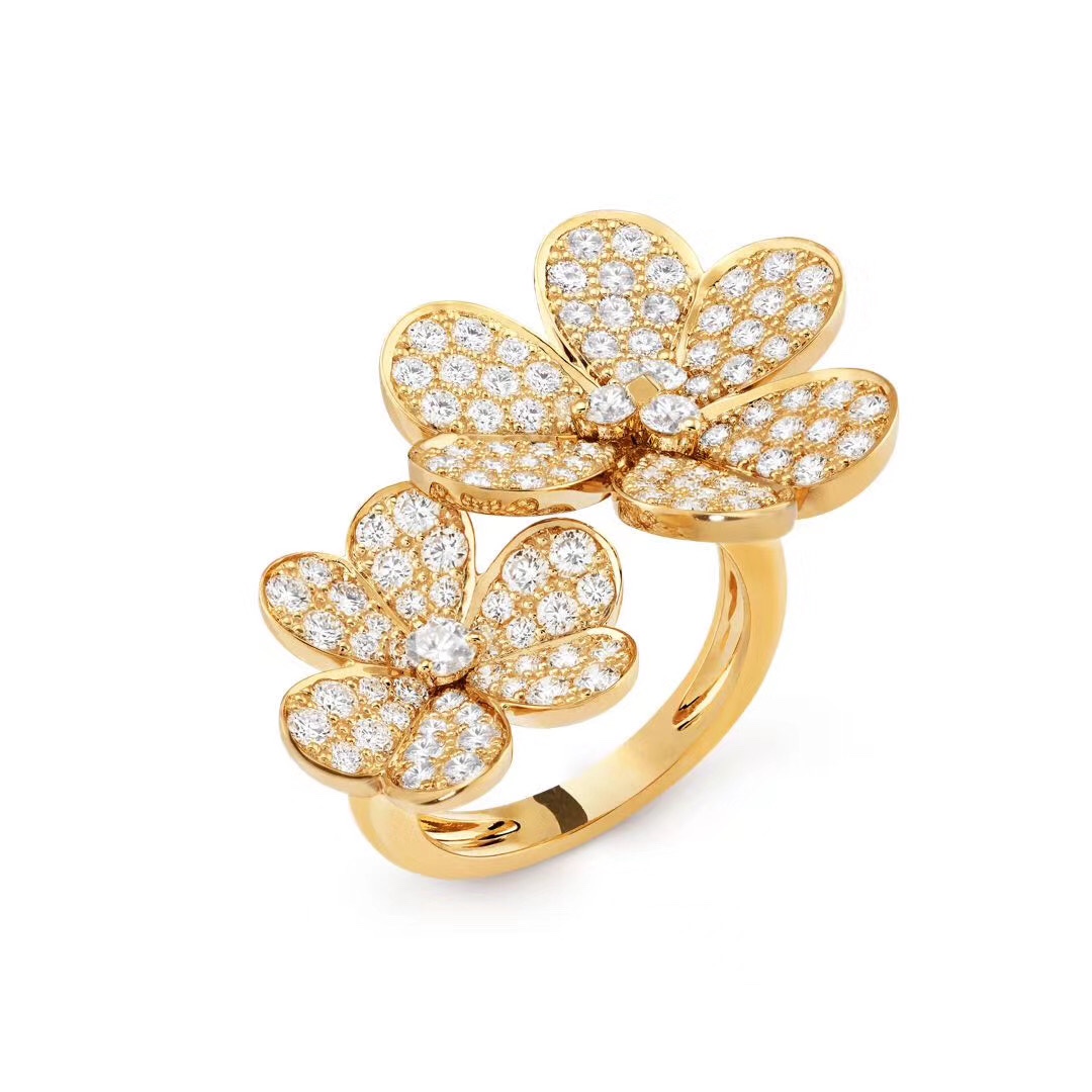 NO:102848,VCA Van Cleef Arpels Ring Full Diamond Six Petal Flower Opening Double Flowers Two Colors, VcA Ring, van cleef,ring19860909VCA梵克雅宝戒指 满钻六瓣花 开口 双花 花朵 两色,VcA戒指,van cleef,ring,Jewelry