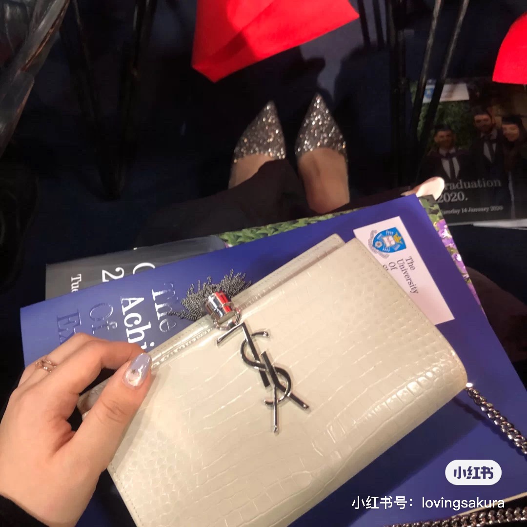 YSL KATE 19CM 流苏链条包 452159鳄鱼纹/白色银扣
