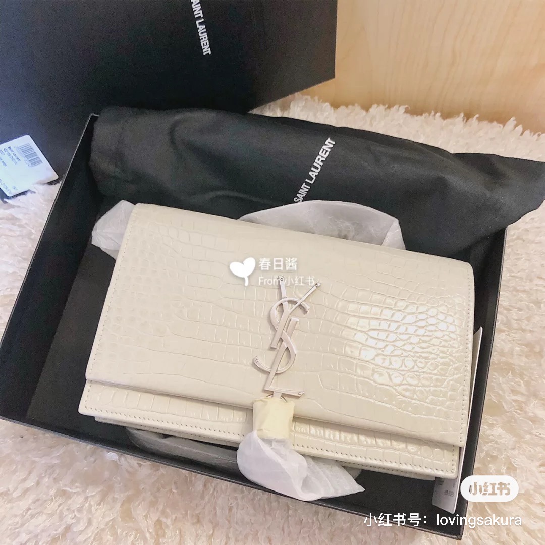 YSL KATE 19CM 流苏链条包 452159鳄鱼纹/白色银扣
