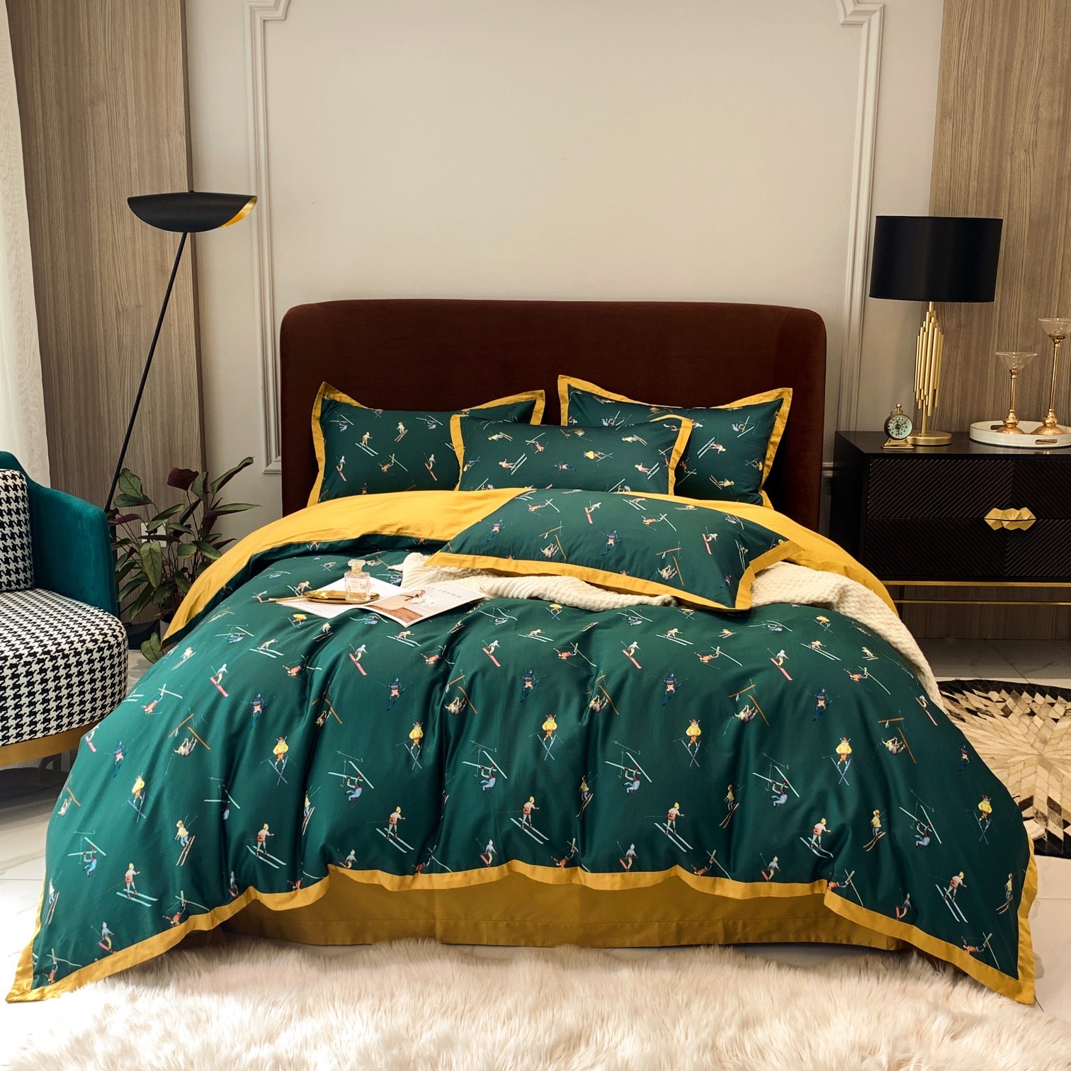 Ski-Themed Green Cotton Bedding Set with Yellow Trim - Soft & Durable