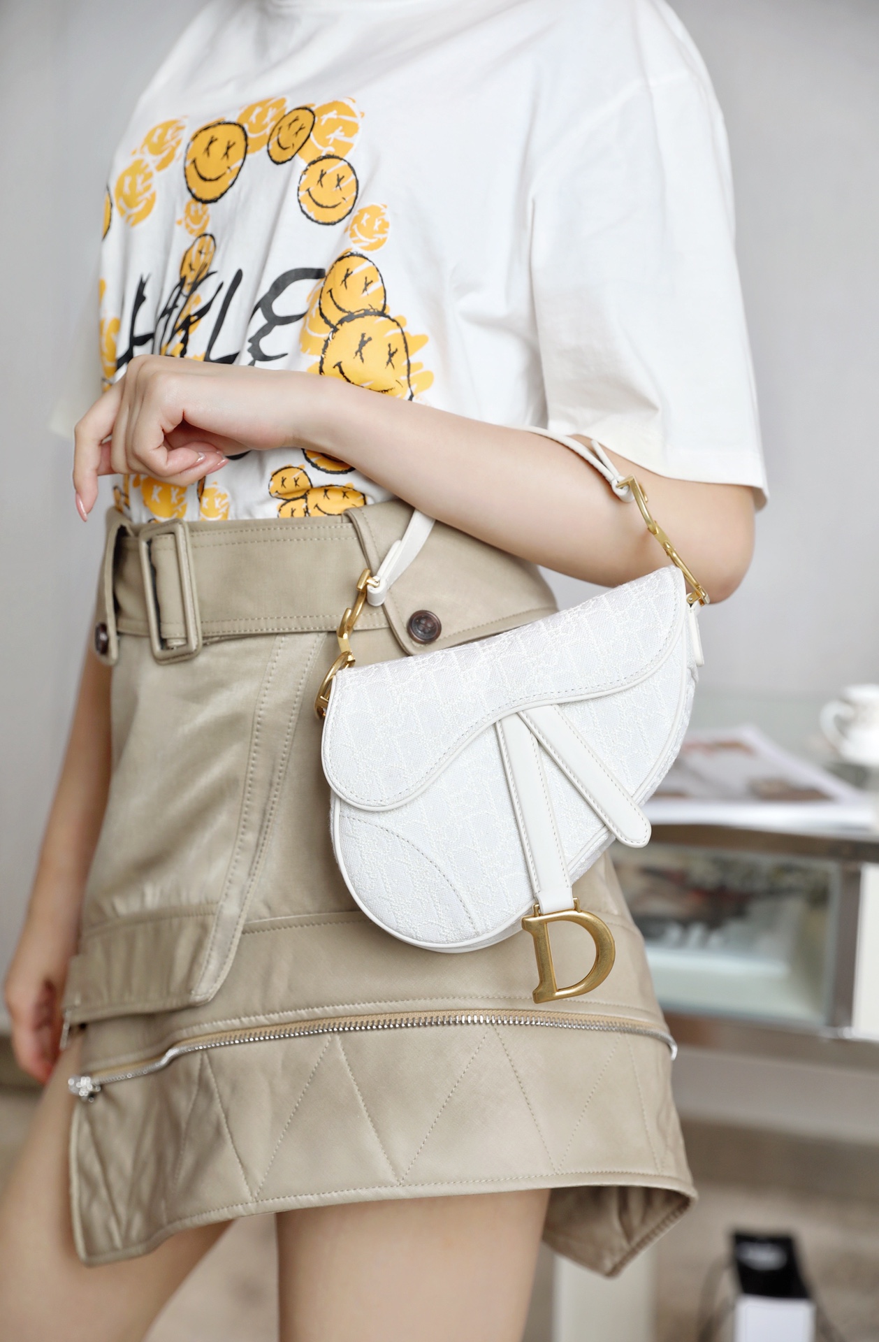 Top Quality Replica
 Dior Saddle Bags Beige White Printing Mini