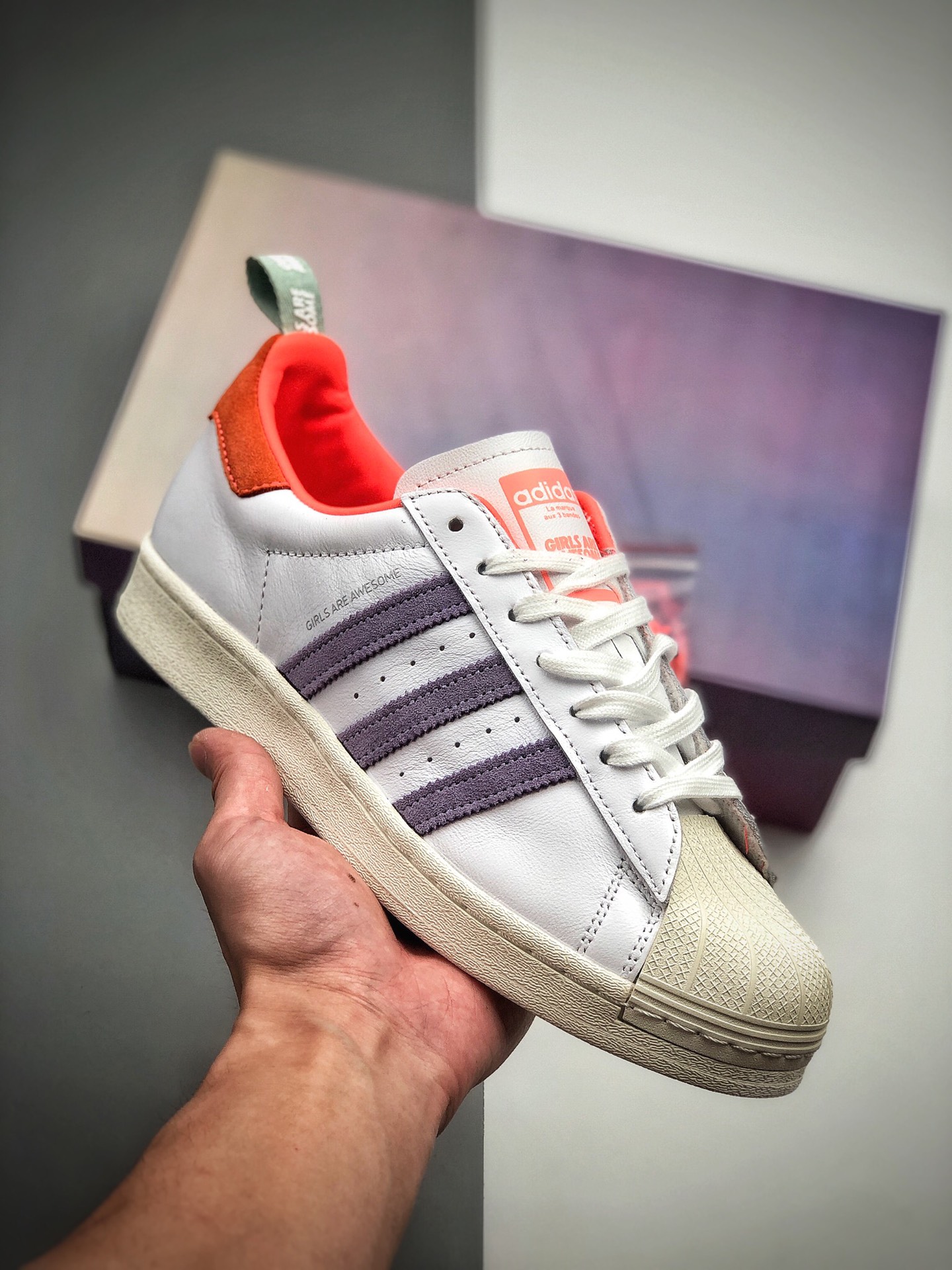 200  阿迪达斯adidas三叶草 Originals 联名 Superstar Superstar50周年白科技紫橙 贝壳头经典百搭休闲运动板鞋FW8087