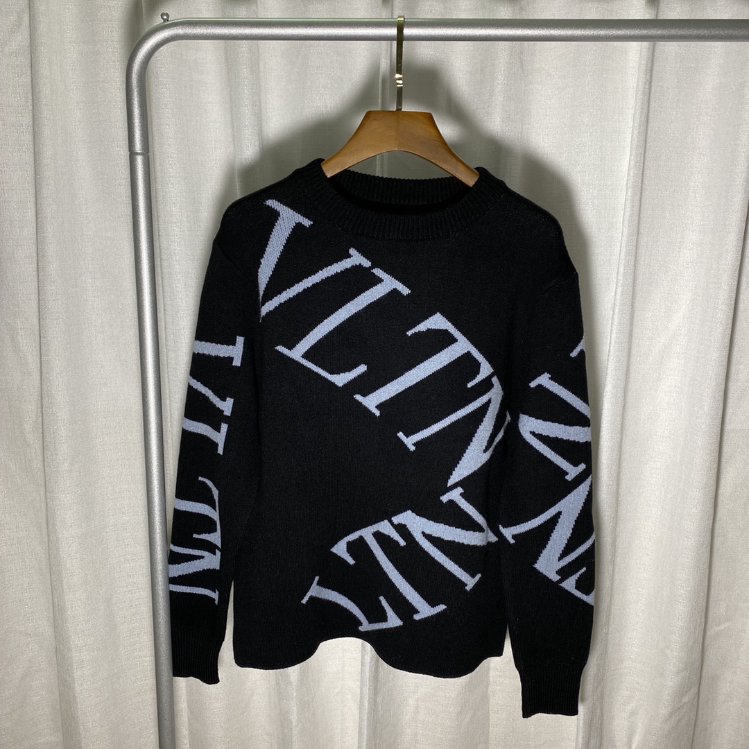 Suéter jacquard con logo de letras diagonales en nueva combinación de colores de VALENTINO, negro, S M L XL XXL