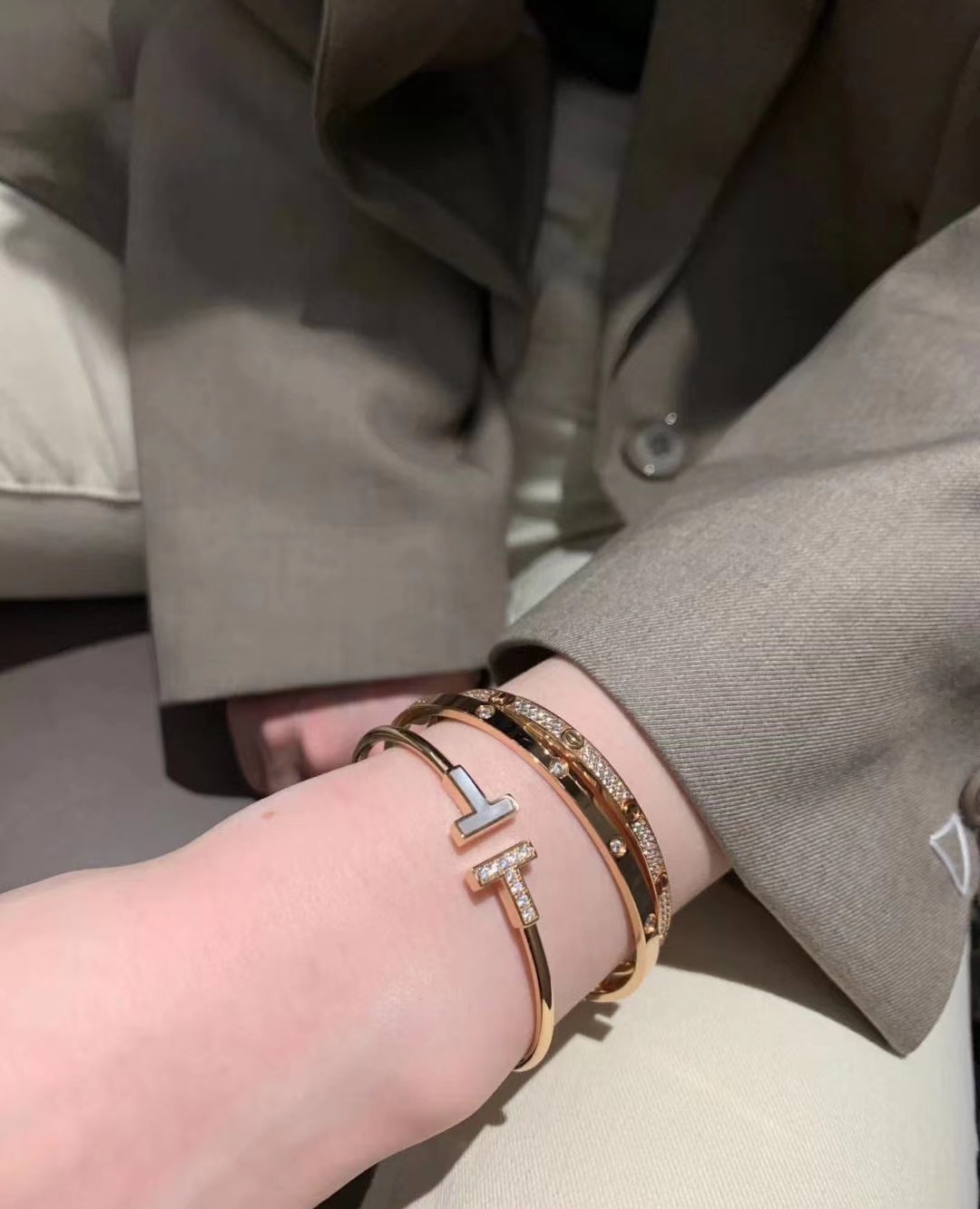 Tiffany & Co. T控 伴钻伴白贝双t手镯