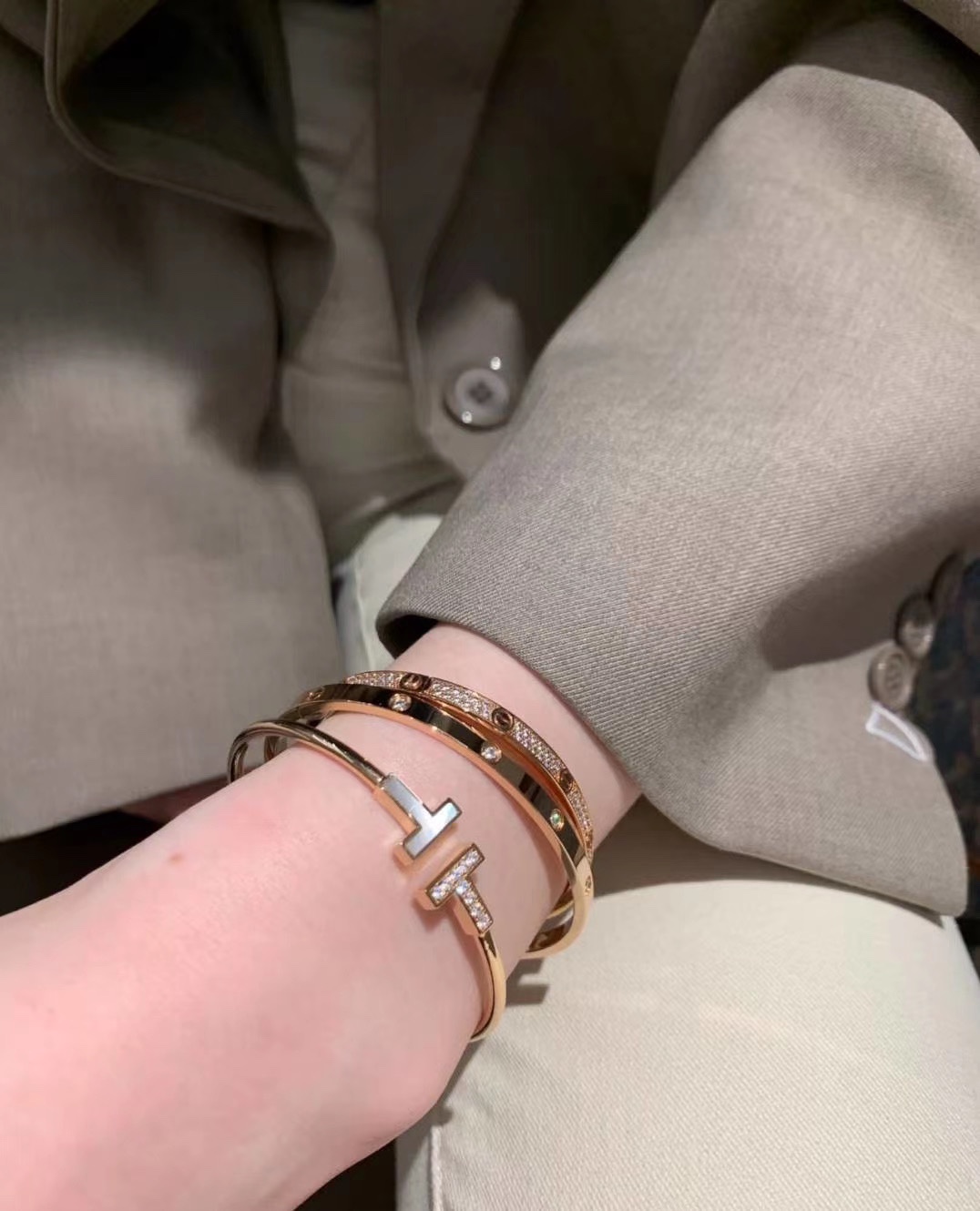Tiffany & Co. T控 伴钻伴白贝双t手镯