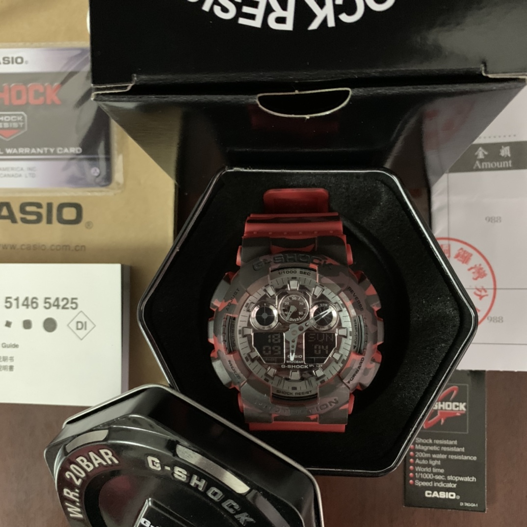 E0   Casio 卡西欧 G-SHOCKYOUTH系列 丛林迷彩系列 防震防水运动手表日韩表 红色迷彩GA-100CM-5A丛林迷彩 53*14mm表径.功能：自动LED照明，世界时间，倒计时，闹钟