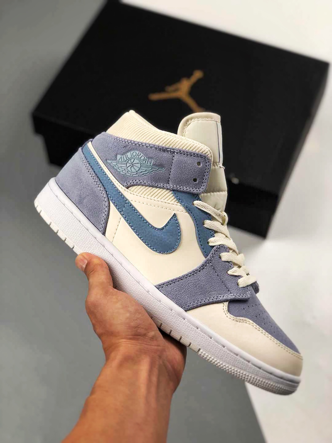 Apoyo al pago contra reembolso Air Jordan 1 Mid Gris Azul AJ1 Uno Medio Casual Skateboard Zapatillas Color oficial sinc…