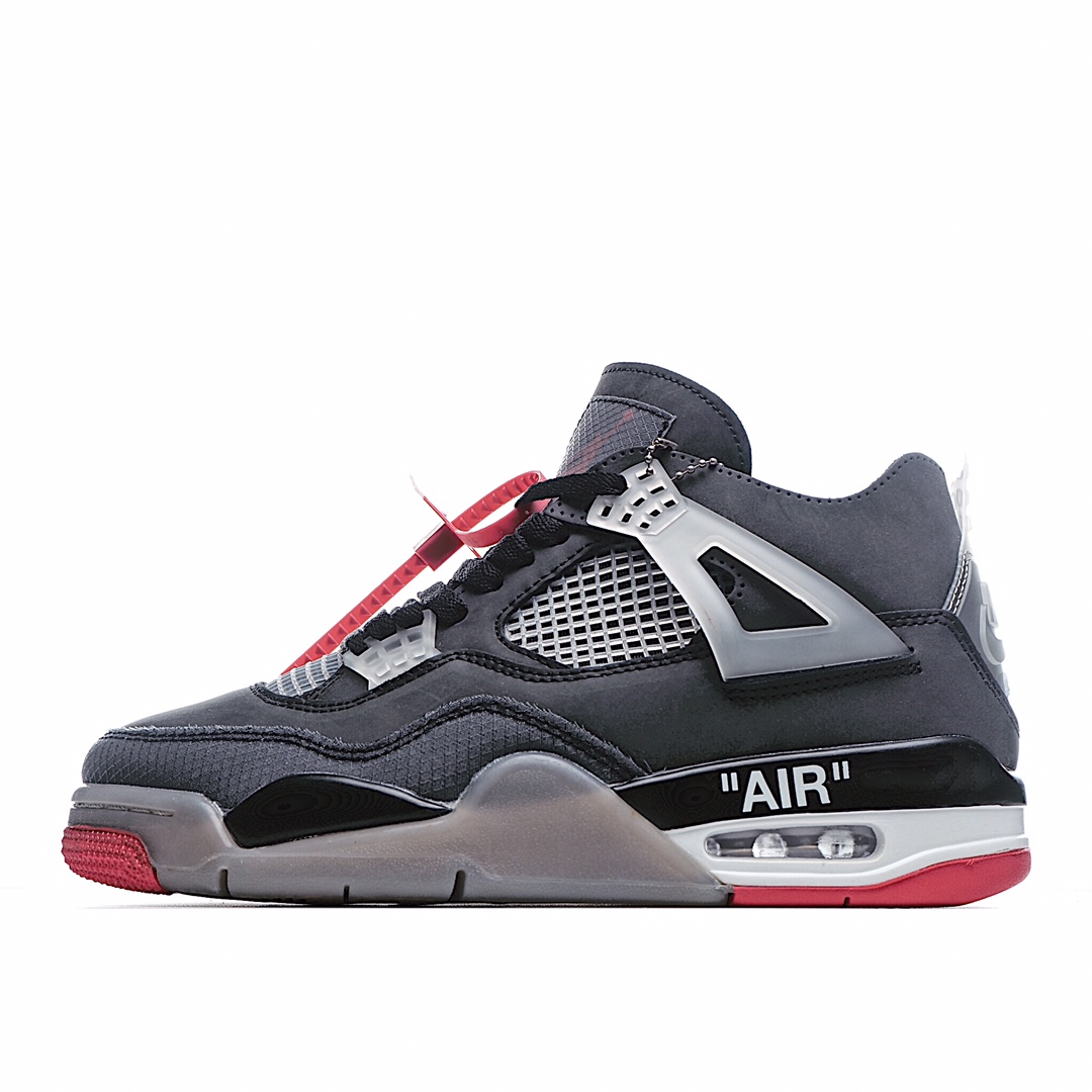 I5 Off-White x Air Jordan 4 Retro AJ4 乔4中帮复古休闲运动文化篮球鞋该鞋款采用灰色为主体，运用红色进行视觉效果上呼应。当中能够看到全鞋设计上在搭载经典轮廓的同时，亦注入了中底 AIR 字样、泡棉外露鞋舌、异材质拼接、半透明橡胶物料和说明书式字样等标志性元素，提供截然不同的细节质感。