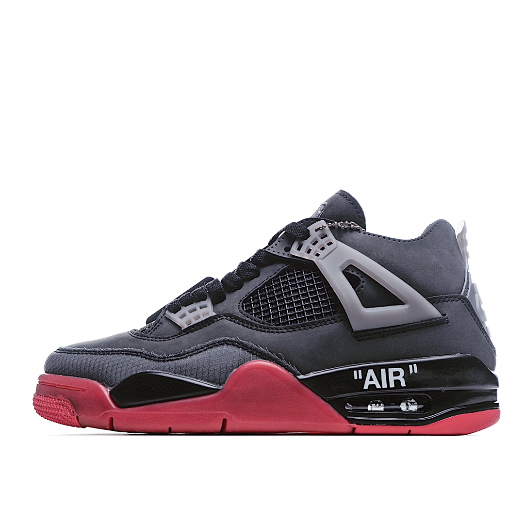 I5 Off-White x Air Jordan 4 Retro AJ4 乔4中帮复古休闲运动文化篮球鞋该鞋款采用灰色为主体，运用红色进行视觉效果上呼应。当中能够看到全鞋设计上在搭载经典轮廓的同时，亦注入了中底 AIR 字样、泡棉外露鞋舌、异材质拼接、半透明橡胶物料和说明书式字样等标志性元素，提供截然不同的细节质感。