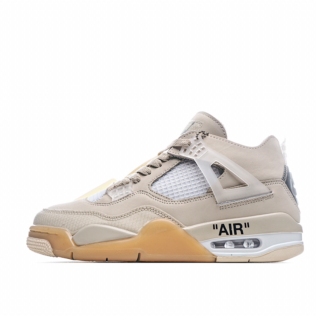 I5 Off-White x Air Jordan 4 Retro AJ4 乔4中帮复古休闲运动文化篮球鞋该鞋款采用米色为主体，运用黄色进行视觉效果上呼应。当中能够看到全鞋设计上在搭载经典轮廓的同时，亦注入了中底 AIR 字样、泡棉外露鞋舌、异材质拼接、半透明橡胶物料和说明书式字样等标志性元素，提供截然不同的细节质感。