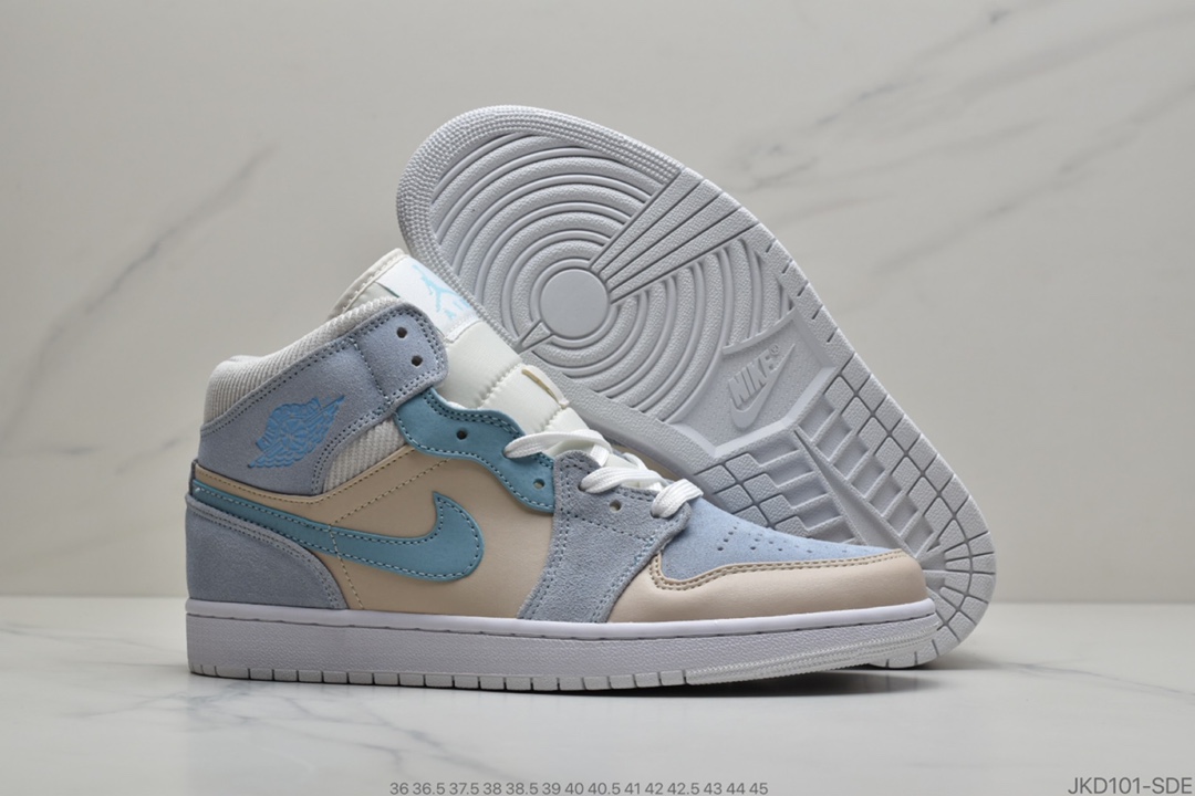 160 Air Jordan 1 Mid 巴黎采用与巴黎配色相似的灰色搭配蓝紫点缀
