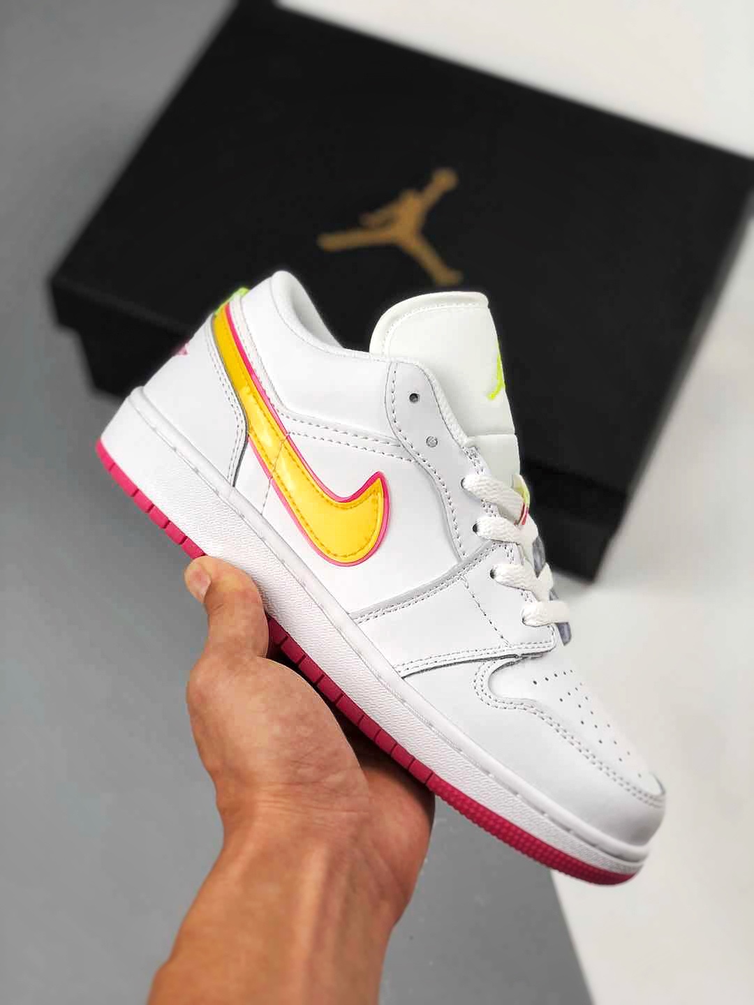 Apoyo contra reembolso Air Jordan 1 LOW blanco y amarillo, zapatillas casuales de caña baja, colores oficiales sincroni…