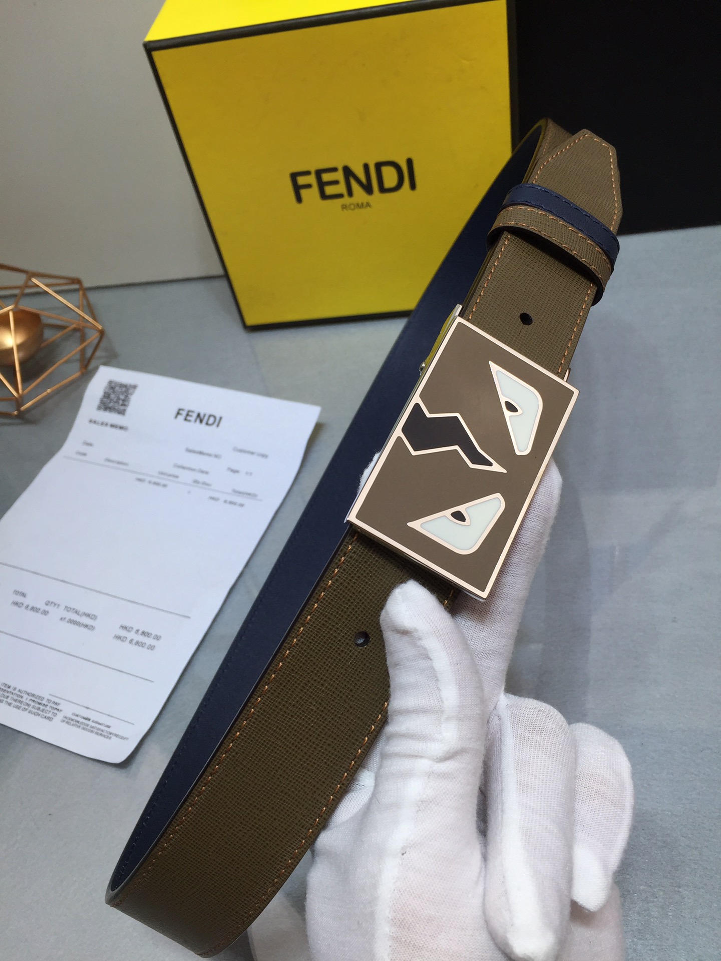 [Fendi Belts]Fendi Lafayette Lightning Enamel Button Monster Khaki color paire