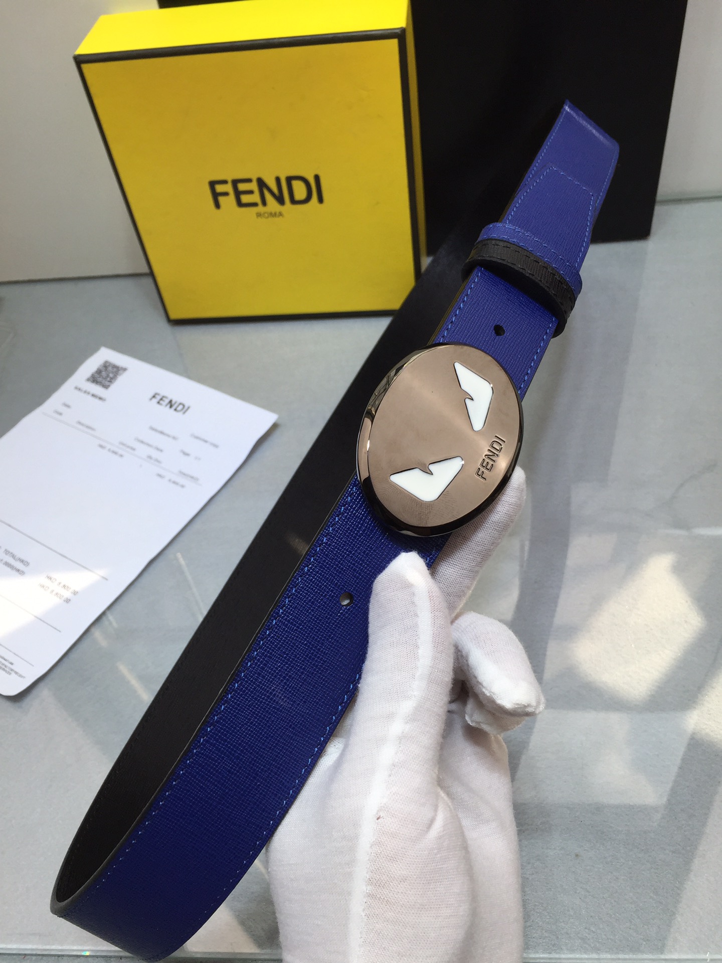 [Fendi Belts]Fendi Lafayette Lightning Enamel Button Monster Royal blue color