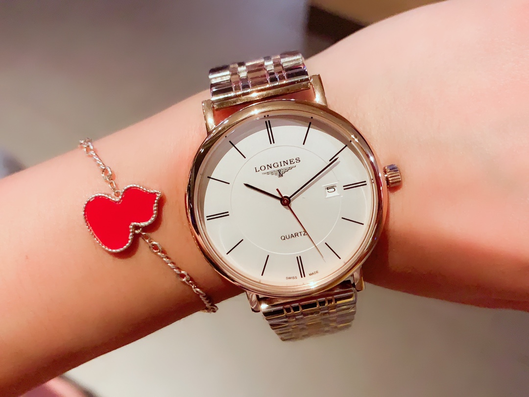 Longines 爱心原装进口石英机316L精钢表壳 矿物质超强玻璃镜面 进口真牛皮表带/精钢表带 女款直径30mm厚8m男款直径40厚底8mm