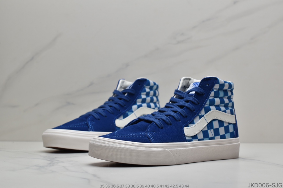 160 公司级Vans Sk8-Hi 万斯宝蓝色”模糊棋盘格”高帮 经典男女鞋帆布鞋板鞋