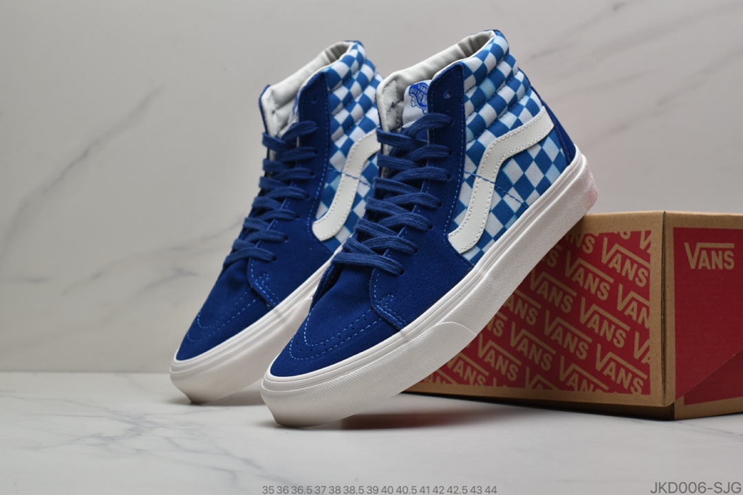 160 公司级Vans Sk8-Hi 万斯宝蓝色”模糊棋盘格”高帮 经典男女鞋帆布鞋板鞋