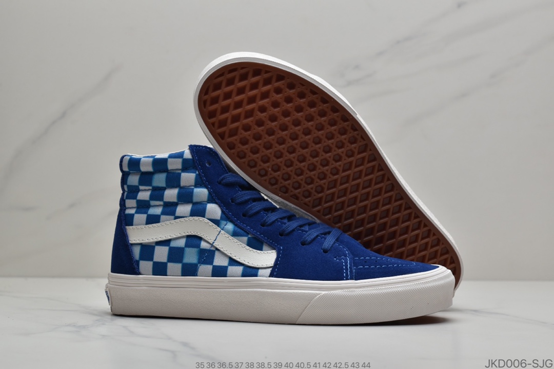 160 公司级Vans Sk8-Hi 万斯宝蓝色”模糊棋盘格”高帮 经典男女鞋帆布鞋板鞋