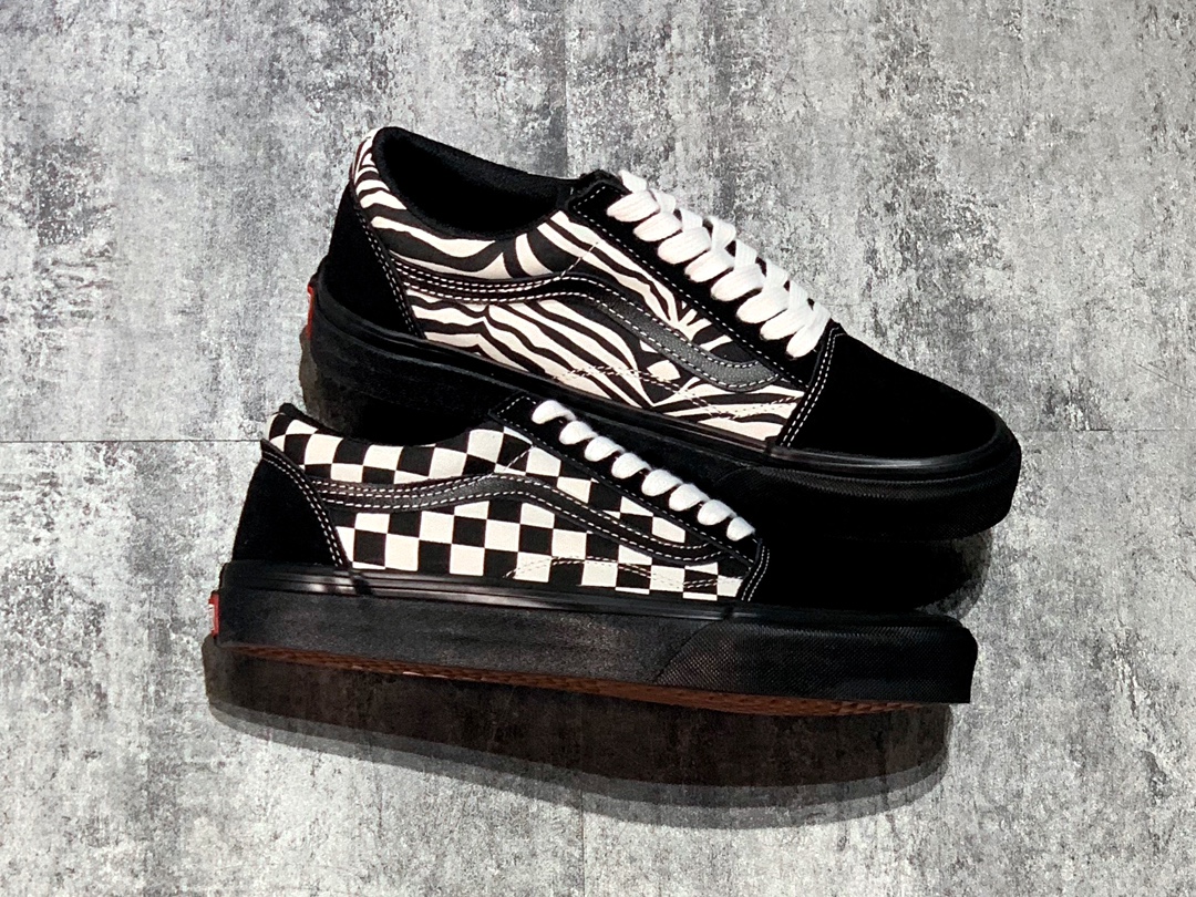 150 Vans Old Skool COMFYCUSH 棋盘格虎纹鸳鸯拼接全黑帆布鞋
