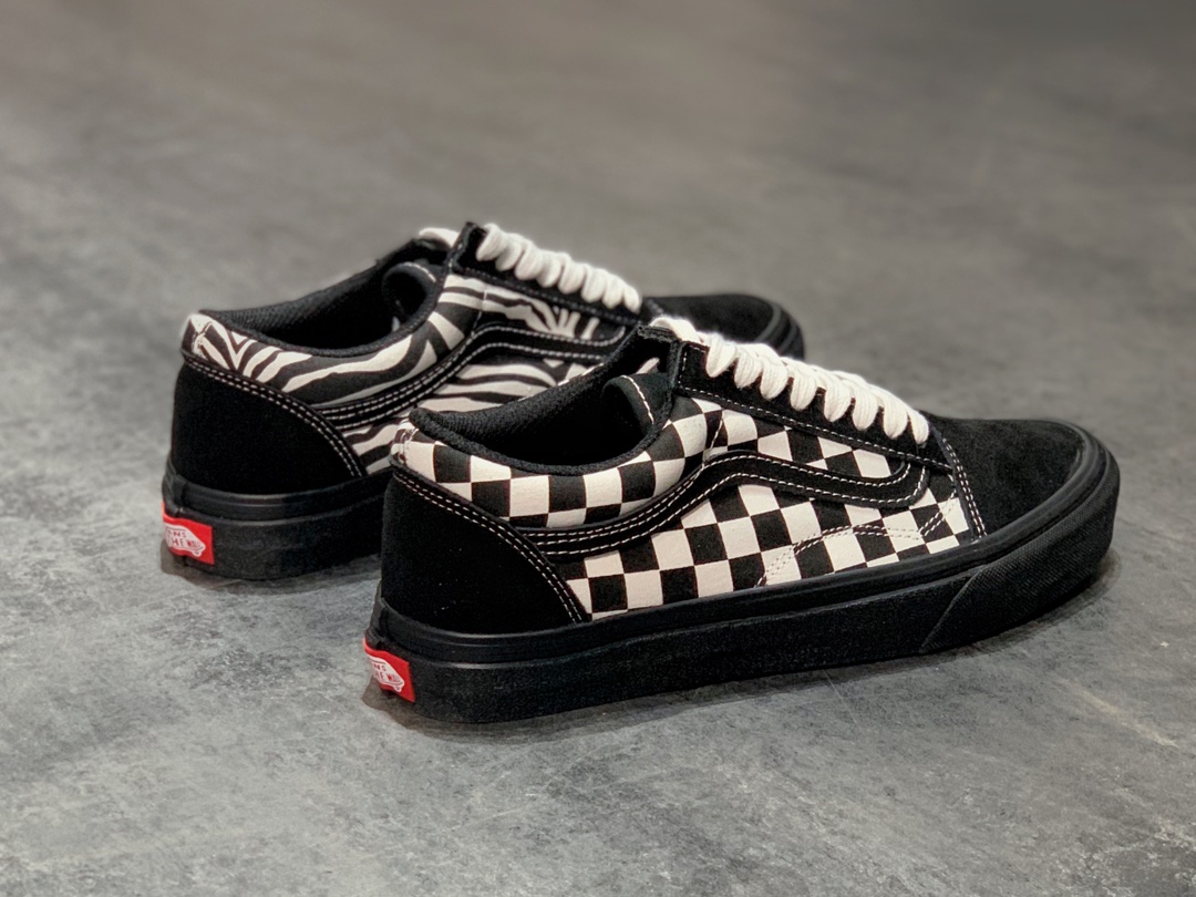 150 Vans Old Skool COMFYCUSH 棋盘格虎纹鸳鸯拼接全黑帆布鞋