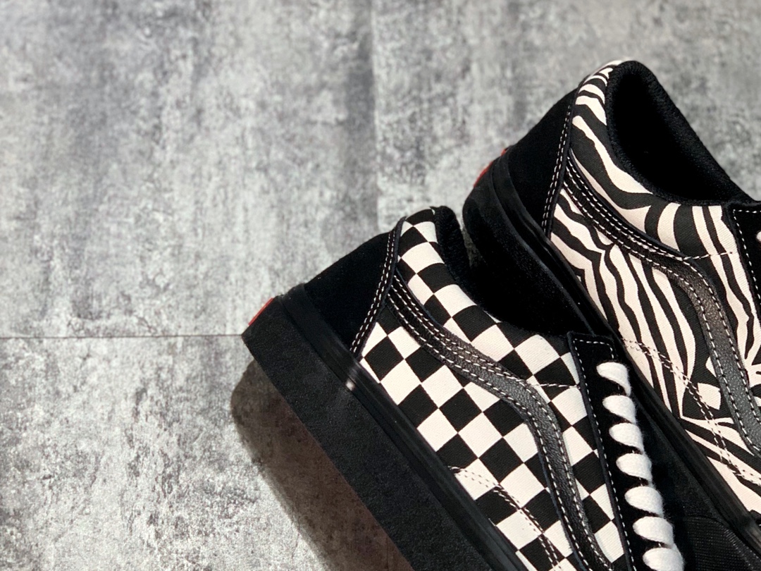 150 Vans Old Skool COMFYCUSH 棋盘格虎纹鸳鸯拼接全黑帆布鞋