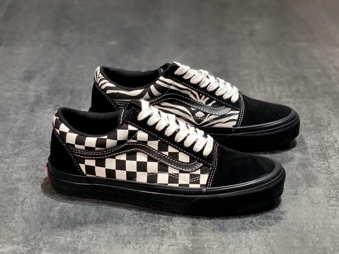150 Vans Old Skool COMFYCUSH 棋盘格虎纹鸳鸯拼接全黑帆布鞋