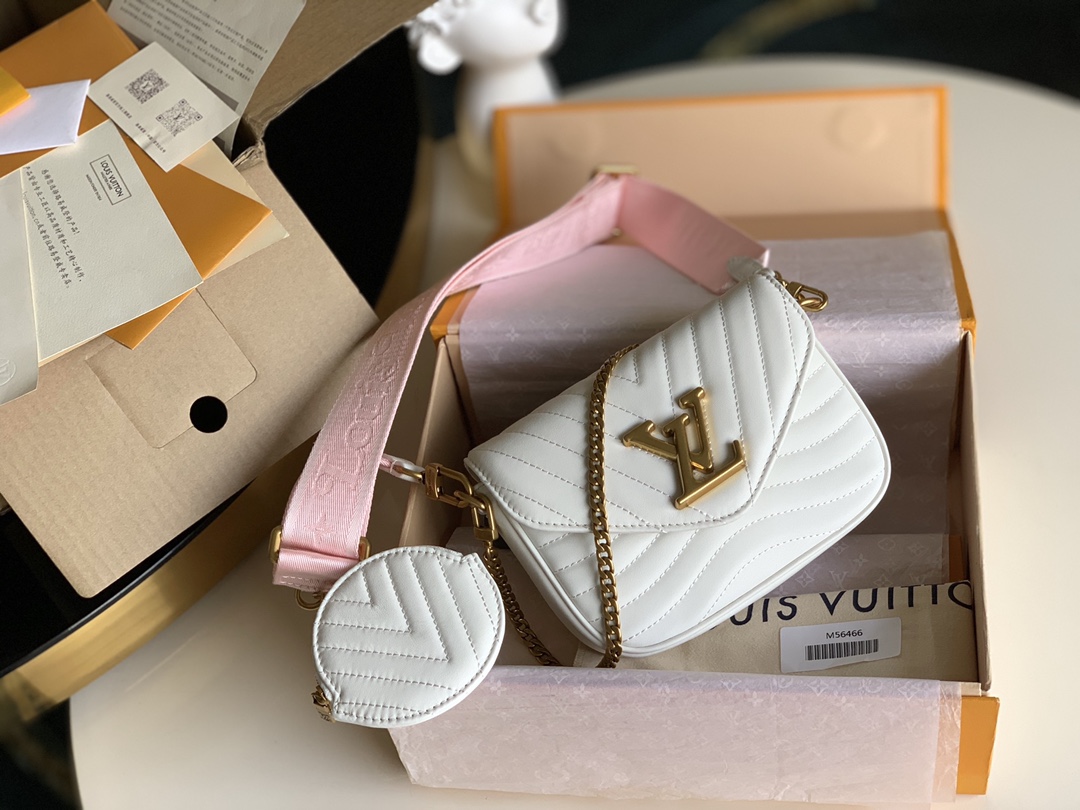 Louis Vuitton LV New Wave Bags Handbags Gold Orange Red Calfskin Cowhide Pochette Chains M56466