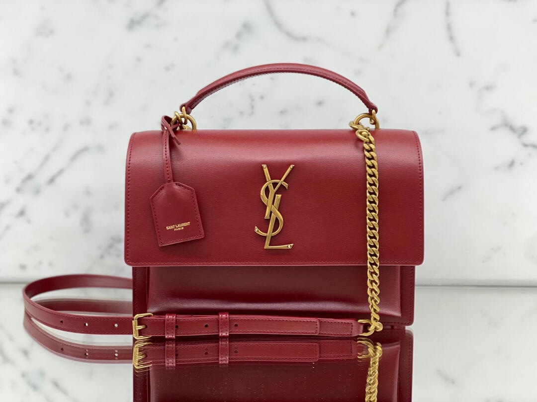 YSL 𝙉𝙚𝙬 𝙢𝙚𝙙𝙞𝙪𝙢 𝙨𝙪𝙣𝙨𝙚𝙩 25CM 牙签纹日落包 634723酒红色/金扣