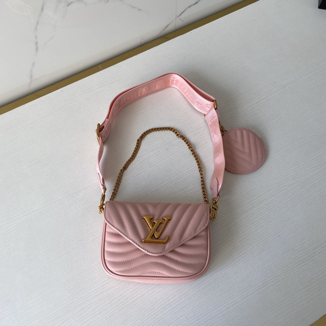 Louis Vuitton LV New Wave Bags Handbags Gold Orange Red Pink Calfskin Cowhide Pochette Chains M56461