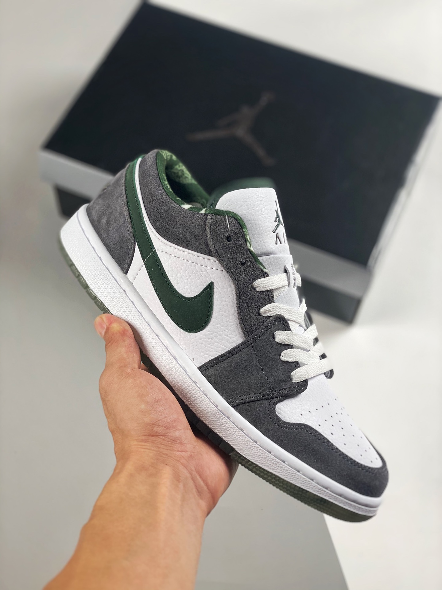 Apoyo pago contra reembolso 2 Air Jordan 1 Low Ante gris y verde, módulo de aire incorporado de fábrica original, suela…