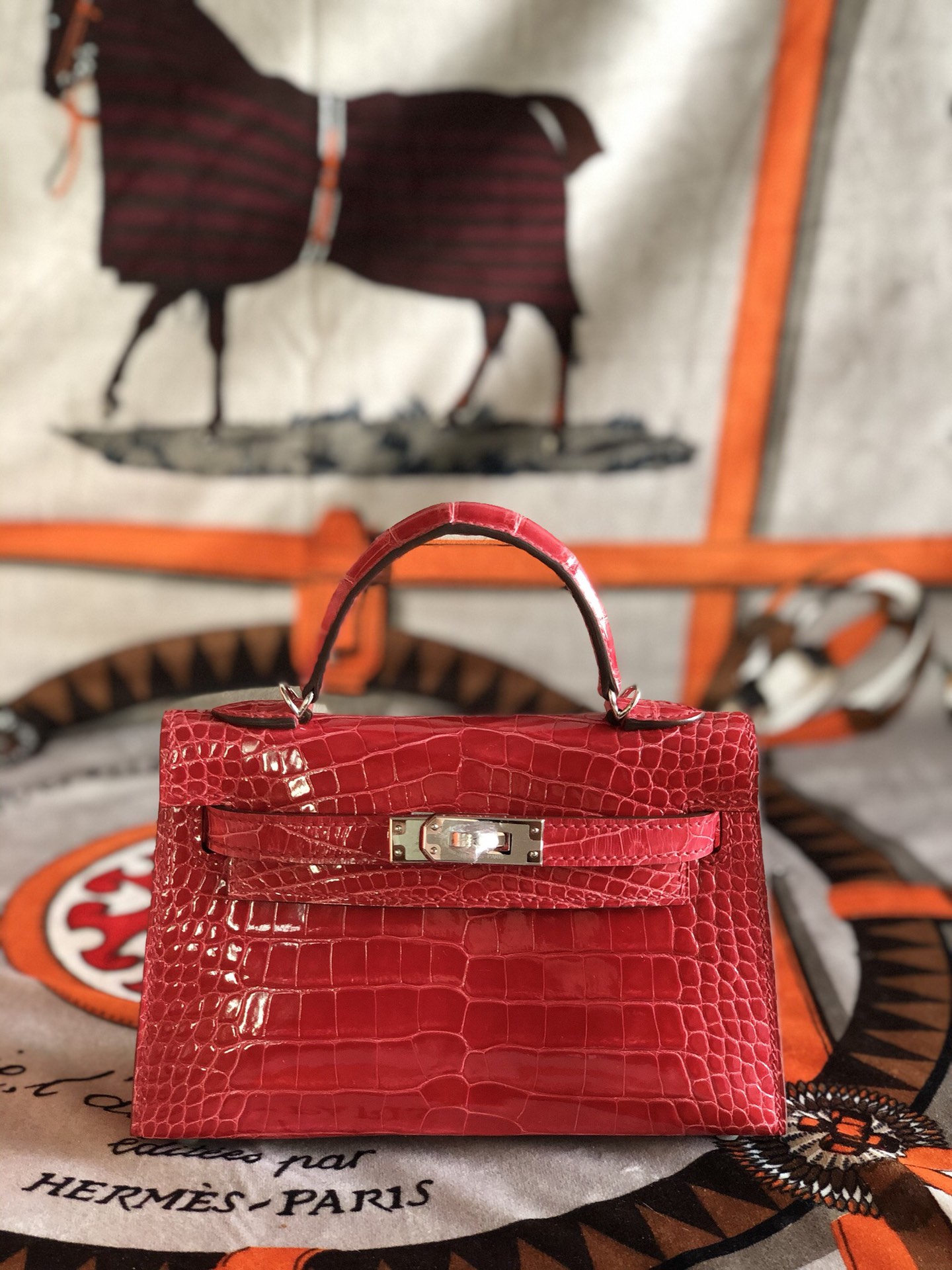 Pedido del cliente: mini kelly 2ª generación piel de cocodrilo americano importado 🐊 rojo sandía, hebilla plateada, co…