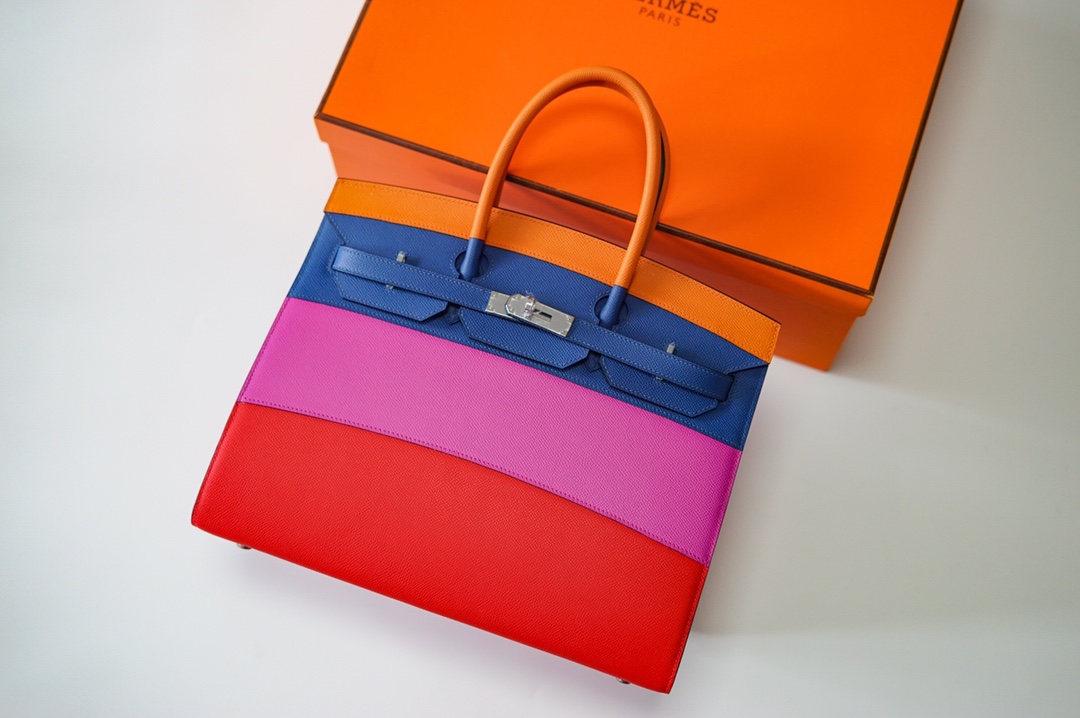 NO:852286,New product Rainbow Birkin Platinum 35cm outer seam Original imported Esom leather [4 color matching] silver buckle Limited edition Counter synchronization Fully handmade beeswax thread sewing Pure steel hardware High-end customization, Hermes, Hermes, Hermes,19860909新品 彩虹 Birkin 铂金 35cm 外缝 原厂进口Esom皮【4拼色】银扣 限量版 专柜同步 全手工蜜蜡线缝制 纯钢五金 高端定制,爱马仕,hermes,Hermes,,Bag