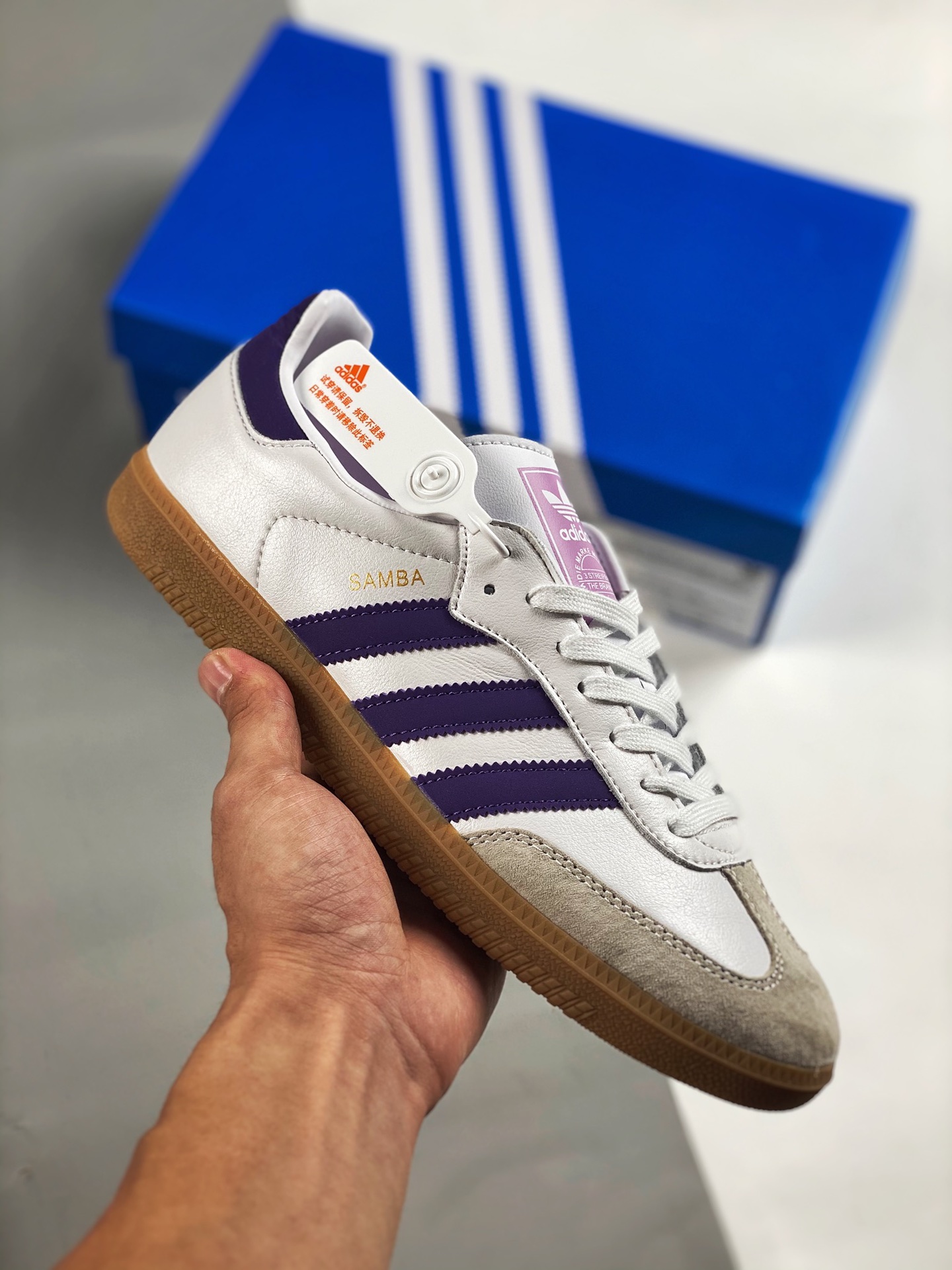 Versión chip, sensor de zapato, Adidas Samba OG Club, serie conmemorativa Samba, gamuza blanca y morada, zapatillas pla…