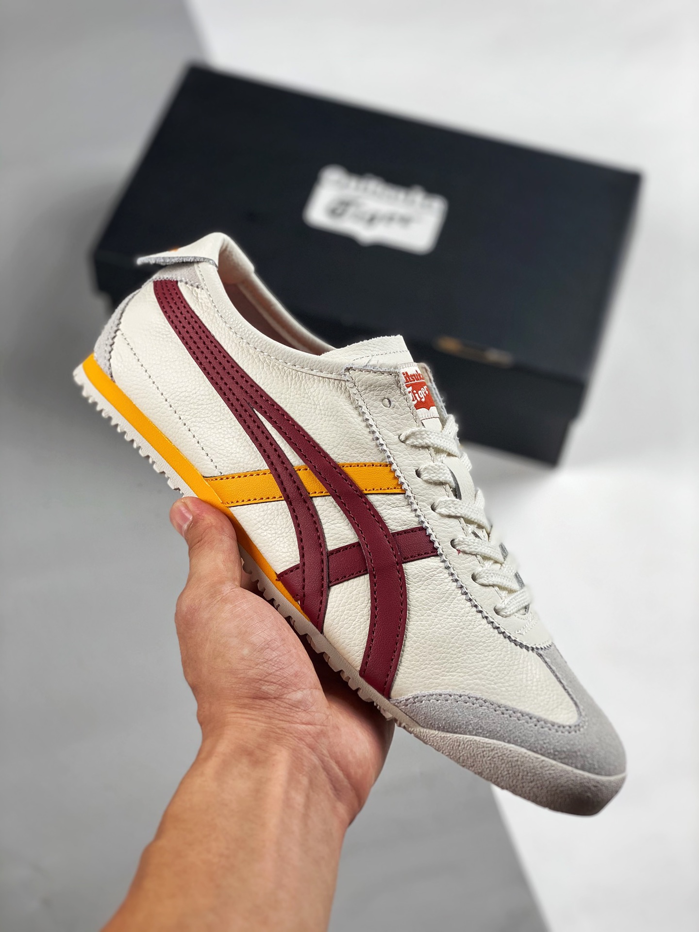 Asics Onitsuka Tiger color crema blanco, versión escaneable, etiqueta original de piel de cordero de primera …