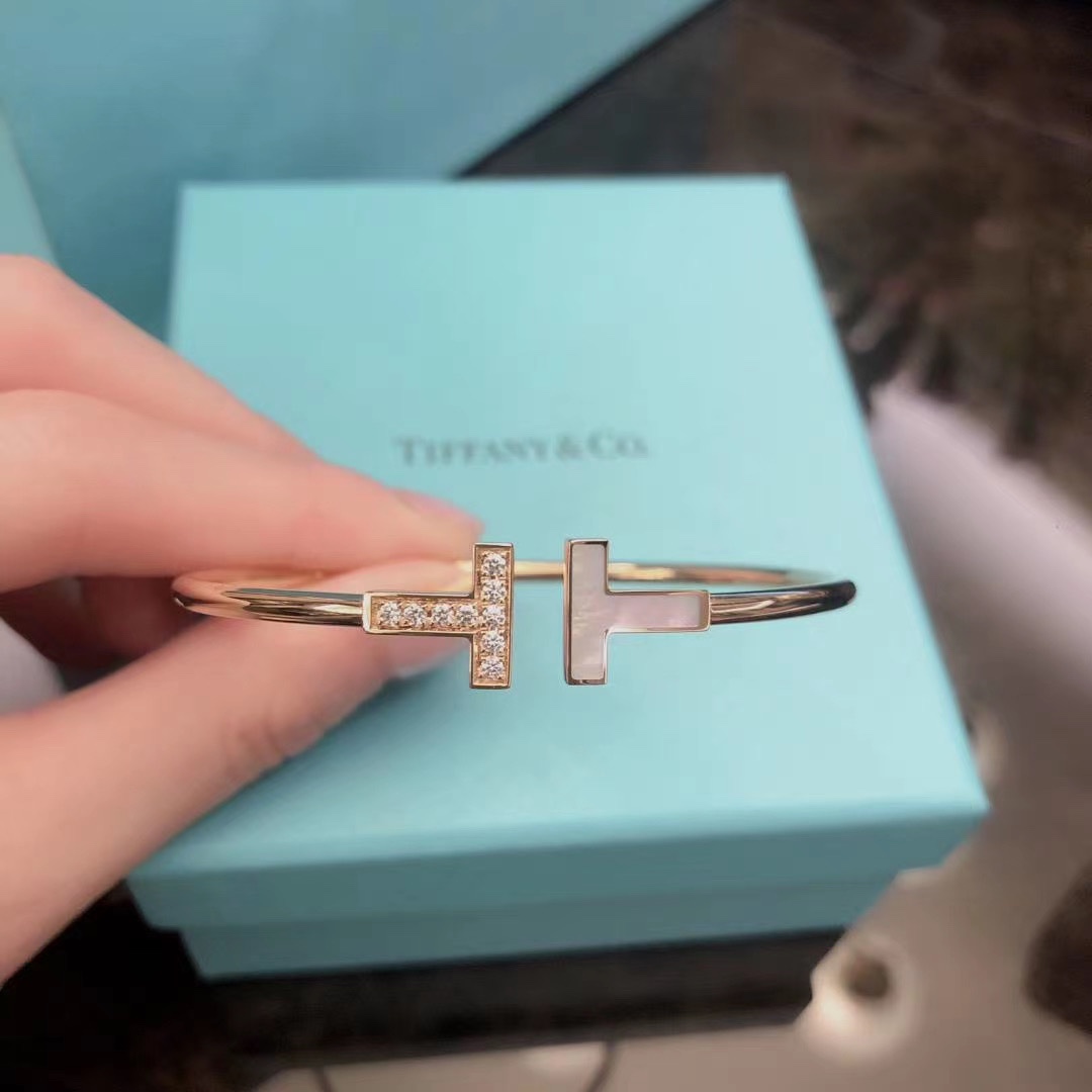 Tiffany & Co. 玫瑰金 半白贝半钻双t手镯