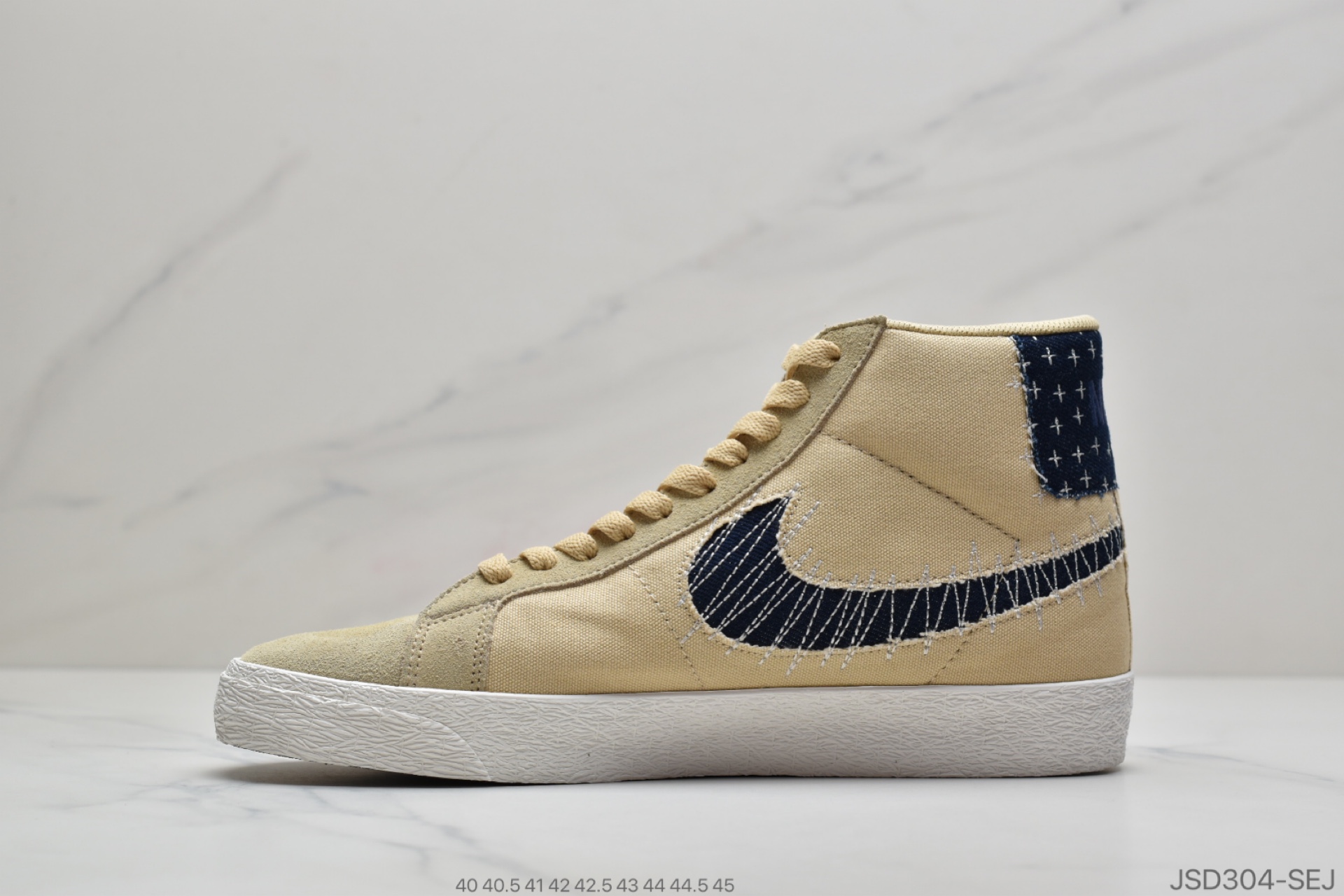 200 耐克Nike SB Blazer Mid Premium”Sashiko Sesame”经典开拓木屑纹中帮百搭休闲运动板鞋“卡其丹宁深蓝白刺子绣”CT0715-200