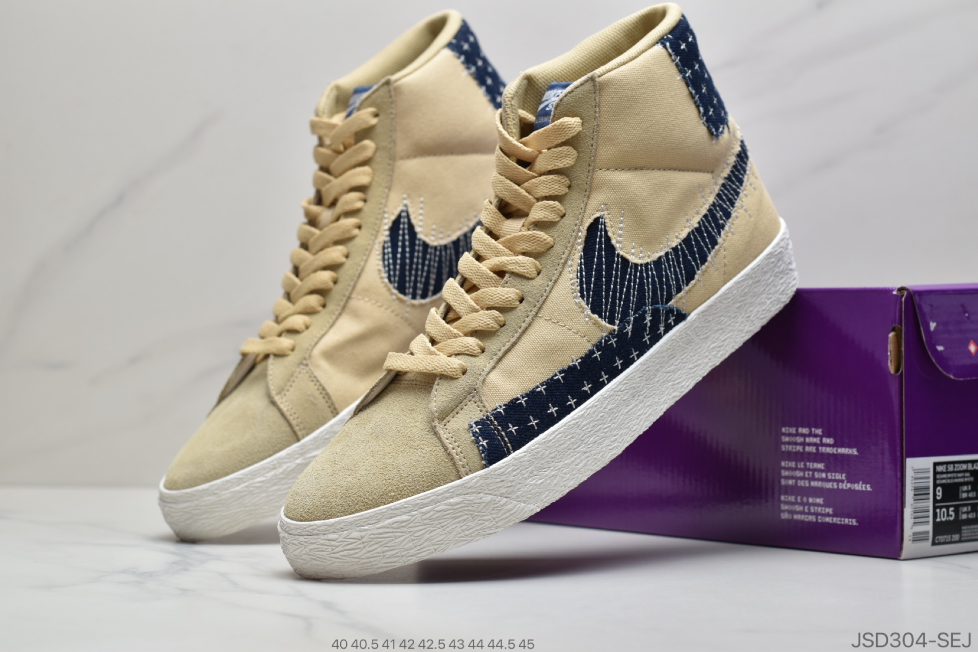 200 耐克Nike SB Blazer Mid Premium”Sashiko Sesame”经典开拓木屑纹中帮百搭休闲运动板鞋“卡其丹宁深蓝白刺子绣”CT0715-200