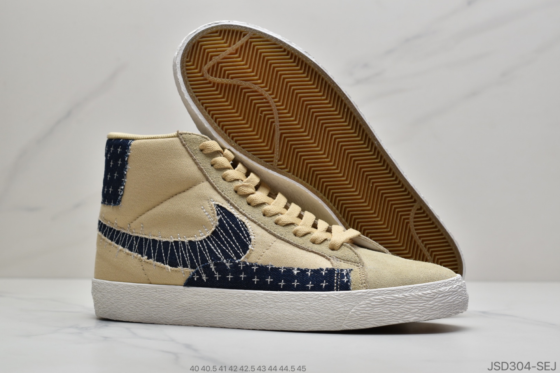 200 耐克Nike SB Blazer Mid Premium”Sashiko Sesame”经典开拓木屑纹中帮百搭休闲运动板鞋“卡其丹宁深蓝白刺子绣”CT0715-200