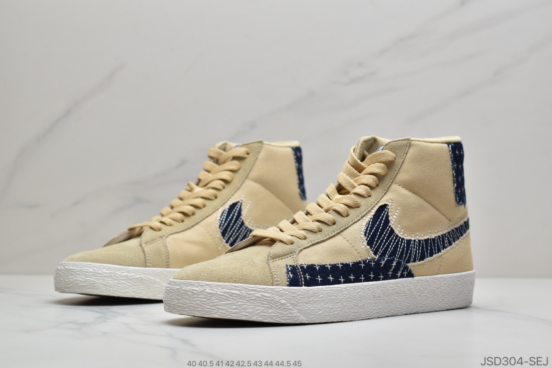 200 耐克Nike SB Blazer Mid Premium”Sashiko Sesame”经典开拓木屑纹中帮百搭休闲运动板鞋“卡其丹宁深蓝白刺子绣”CT0715-200